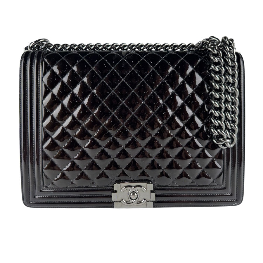 シャネル CHANEL ショルダーバッグ ボーイシャネル ラージ パテントレザー ブラック レディース【中古】 z10293