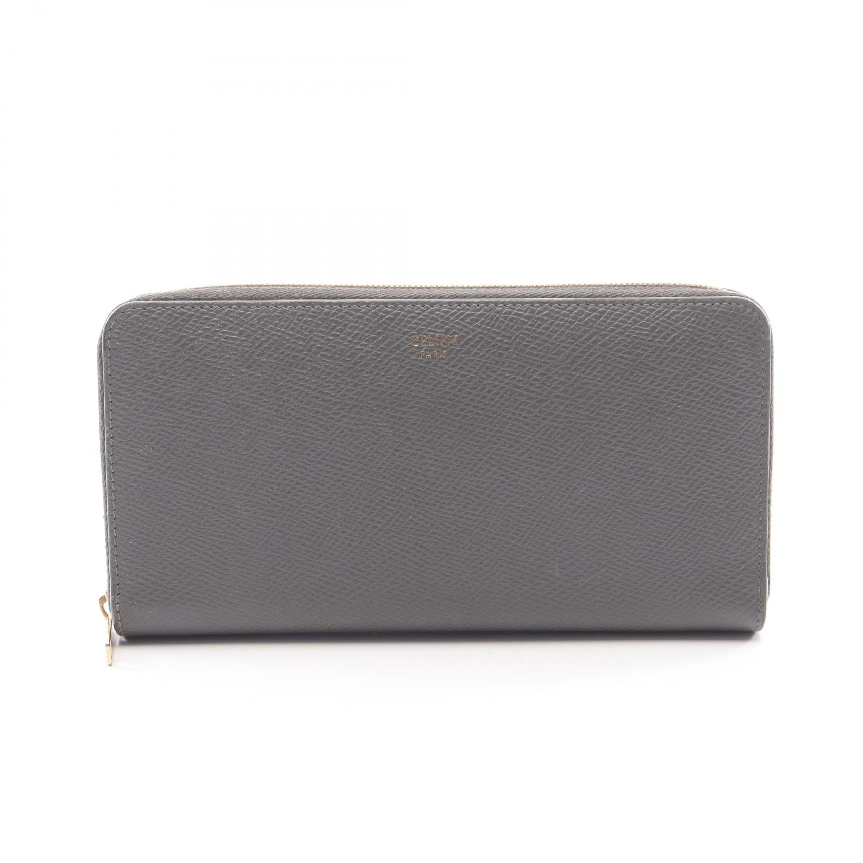 セリーヌ CELINE ラージ ジップドウォレット ラウンド長財布 財布 レザー レディース グレー系 【中古】