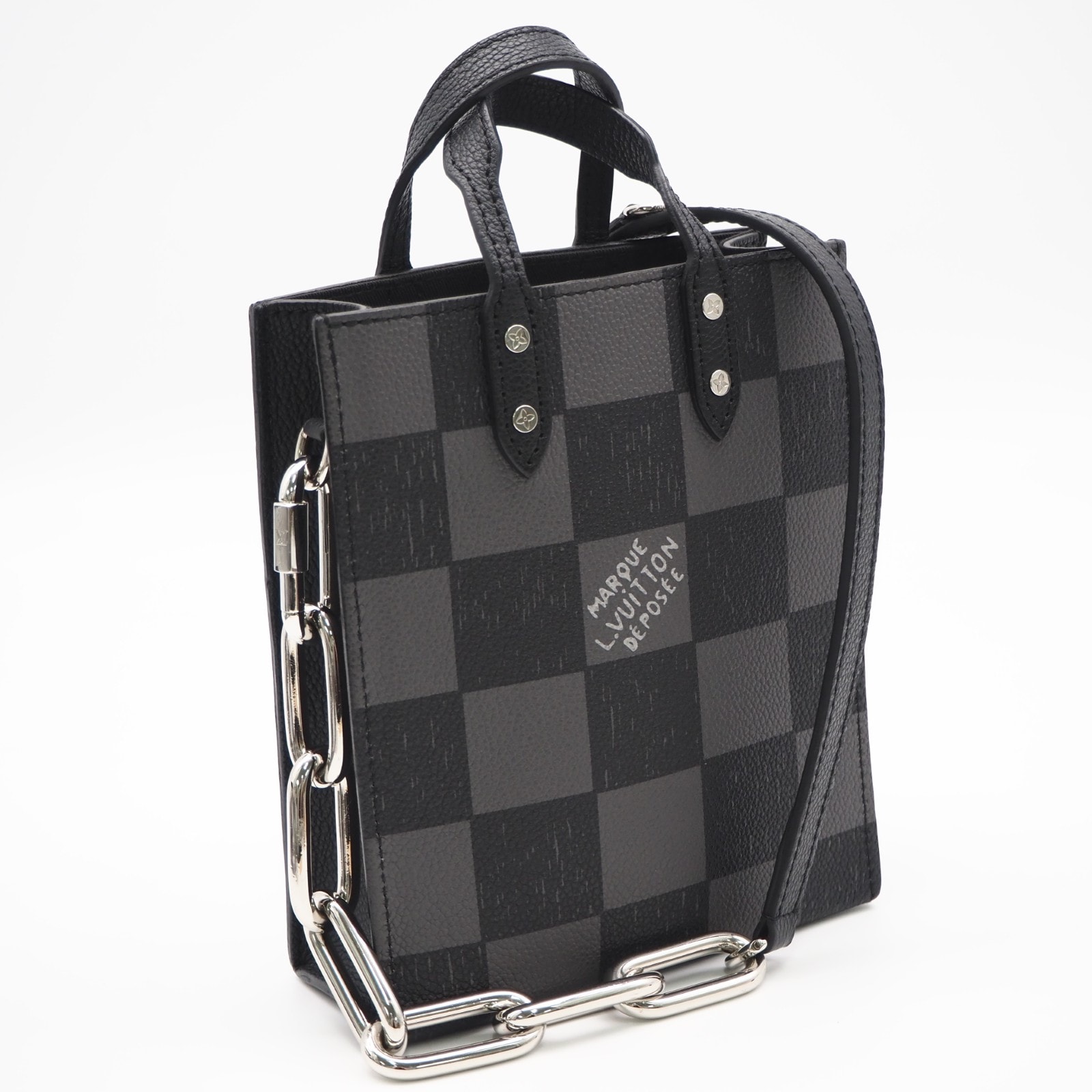美品 LOUIS VUITTON ルイ・ヴィトン ダミエ チェッカーボード サックプラ XS N60479 2wayハンドバッグ ブラック グレー コーティングキャンバス レザー メンズ