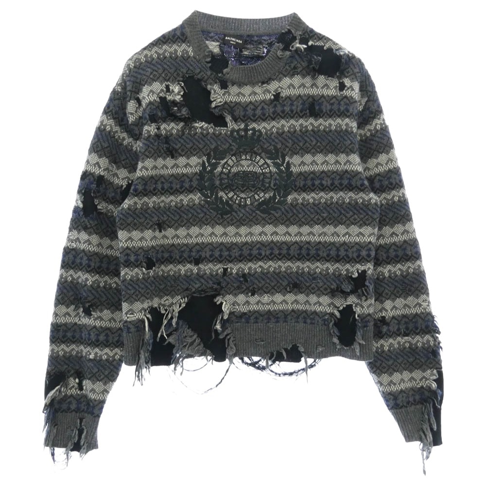 BALENCIAGA バレンシアガ 21AW 663872 ロゴ刺繍 デストロイ クルーネック ダメージニット ブラック系 グレー系 マルチカラー系 M【中古】