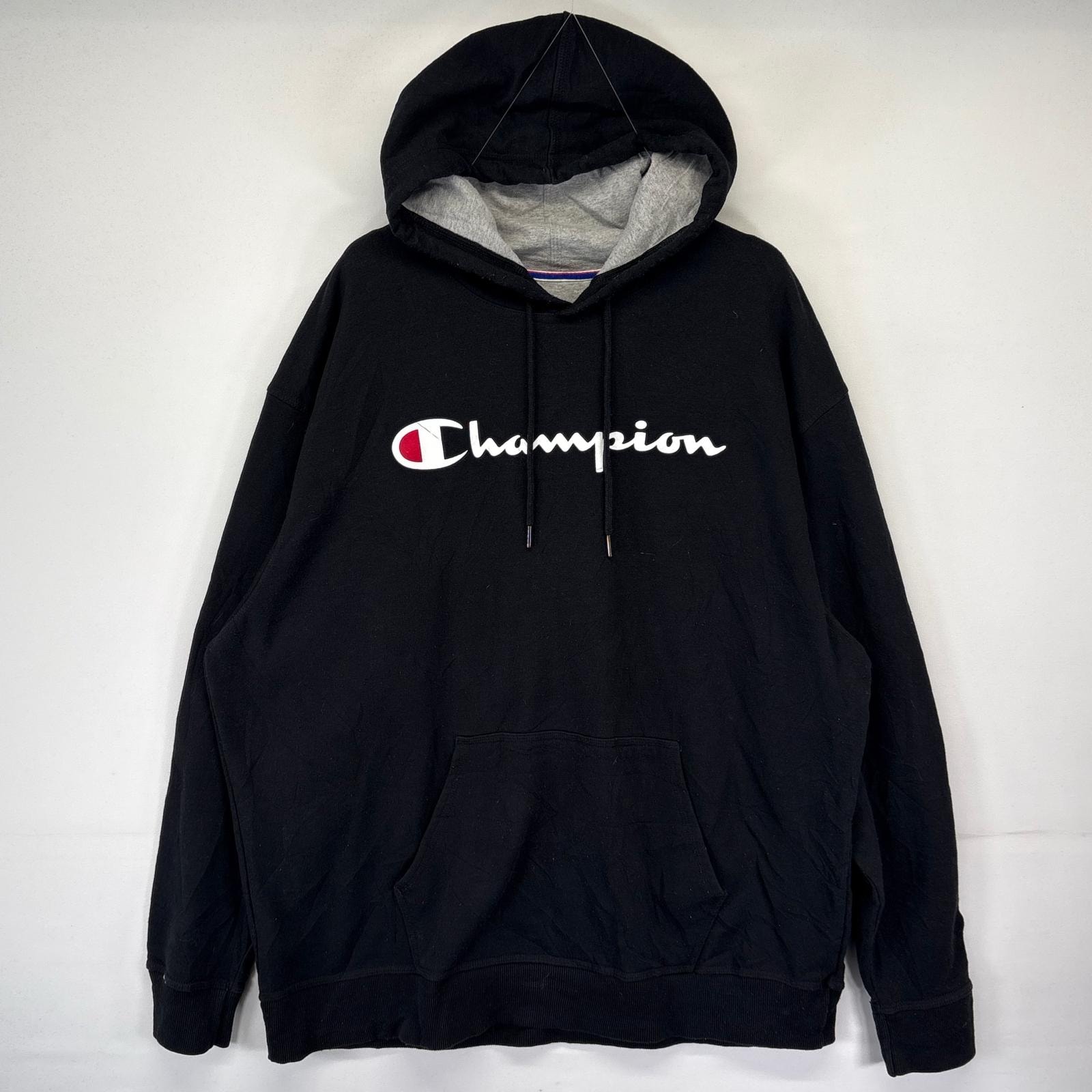 古着 チャンピオン Champion パーカー プルオーバー ビッグロゴプリント スウェット フーディ 大きいサイズ 2XL ブラック メンズ