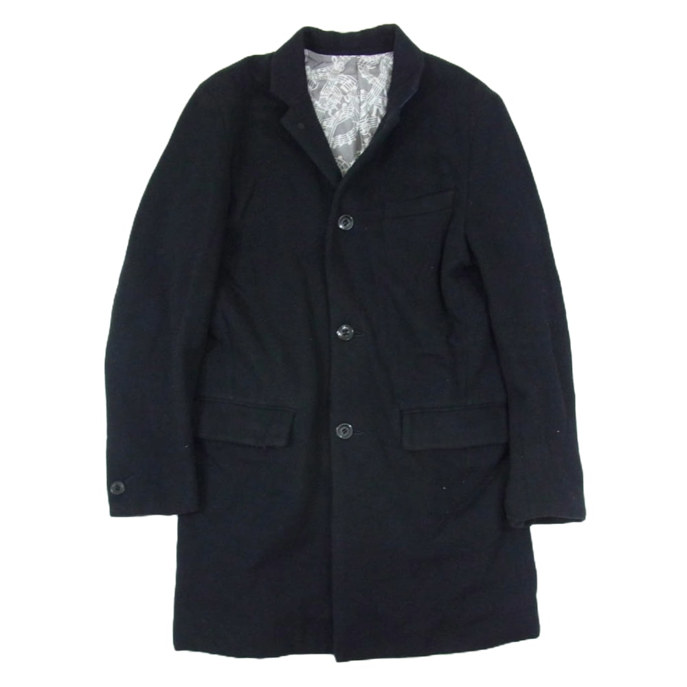 NUMBER(N)INE ナンバーナイン コート 代理店KOOKSタグ 裏地音符 裏地チェック切替 コットン ウール チェスターコート ネイビー系 3【中古】