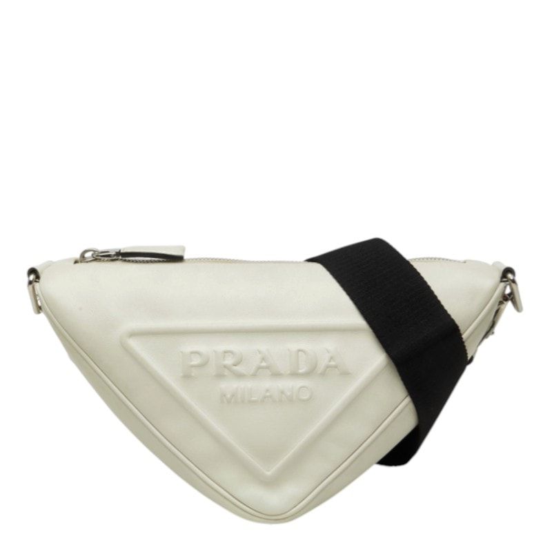プラダ 三角ロゴプレート 斜め掛け トライアングル ショルダーバッグ 1BH190 ホワイト レザー レディース PRADA 中古