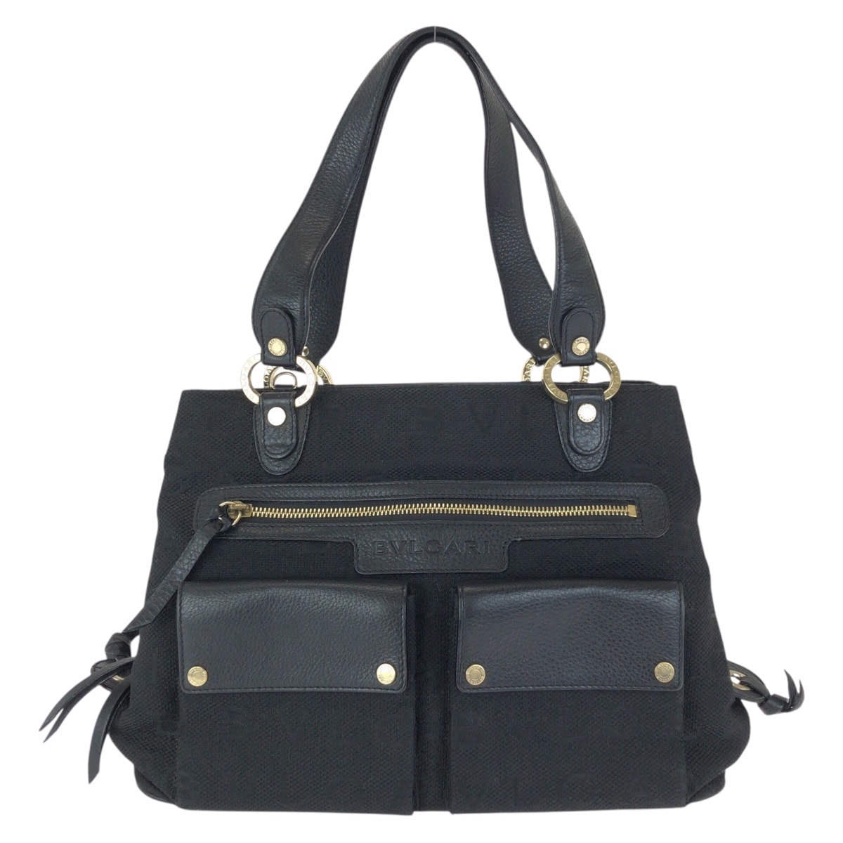 美品 BVLGARI ブルガリ ロゴマニア マキシレッタレ ブラック 黒 ゴールド金具 キャンバス レザー/ トートバッグ ハンドバッグ 602580 【中古】