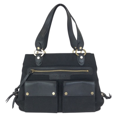 美品 BVLGARI ブルガリ ロゴマニア マキシレッタレ ブラック 黒 ゴールド金具 キャンバス レザー/ トートバッグ ハンドバッグ 602580 【中古】