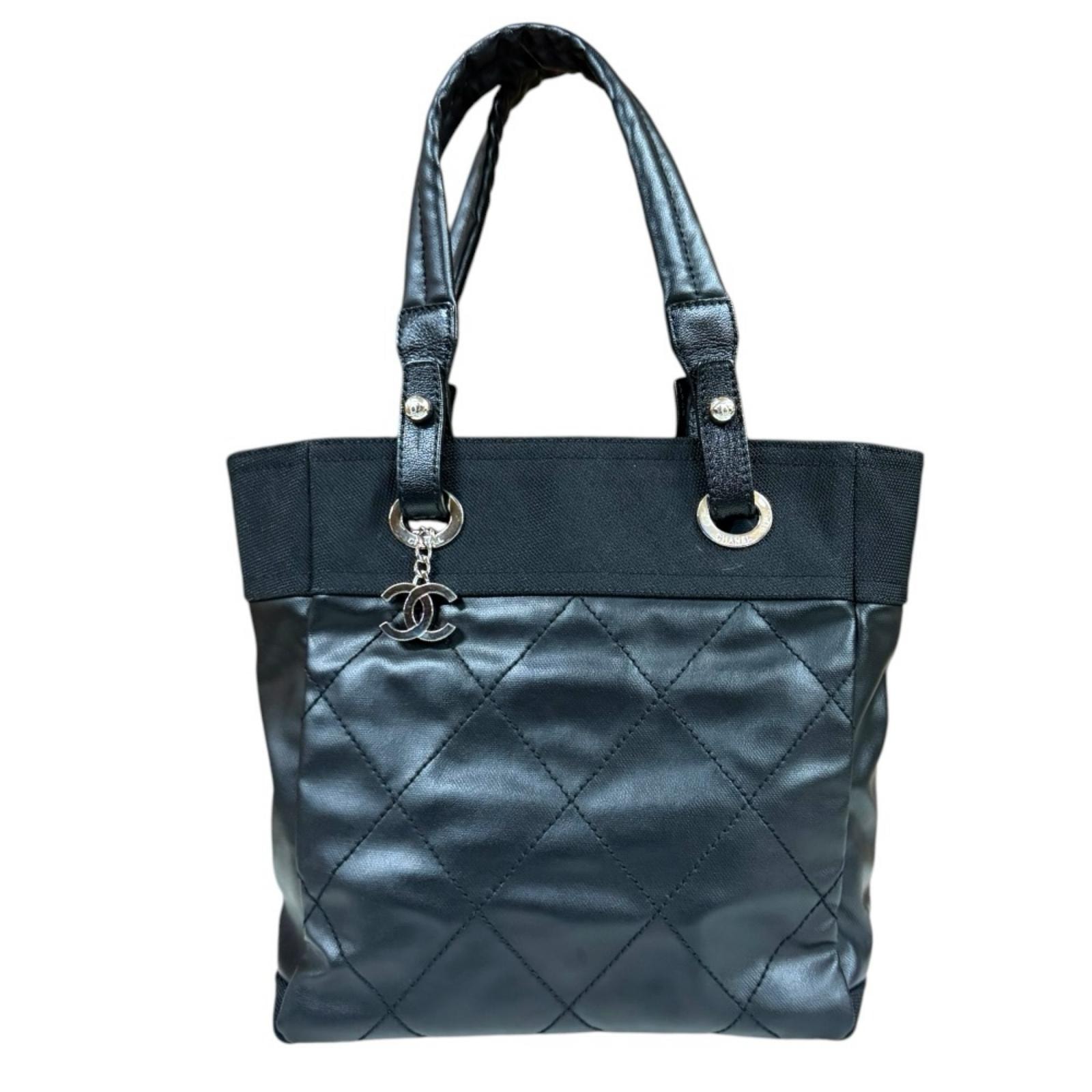 シャネル パリビアリッツPM トートバッグ PVCコーティングキャンバス A34208 ブラック レディース CHANEL  中古