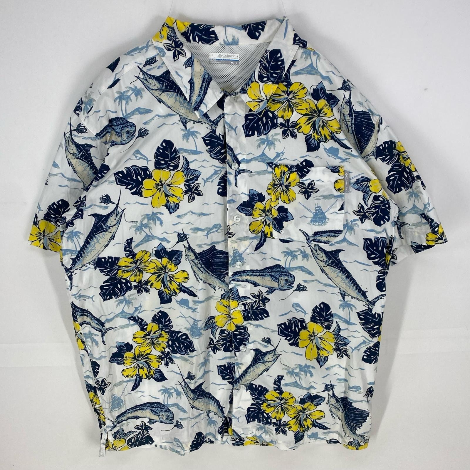 古着 コロンビア Columbia 半袖シャツ PFGシャツ 花柄 大きいサイズ アウトドア 中地メッシュ XL ホワイト系 総柄 メンズ