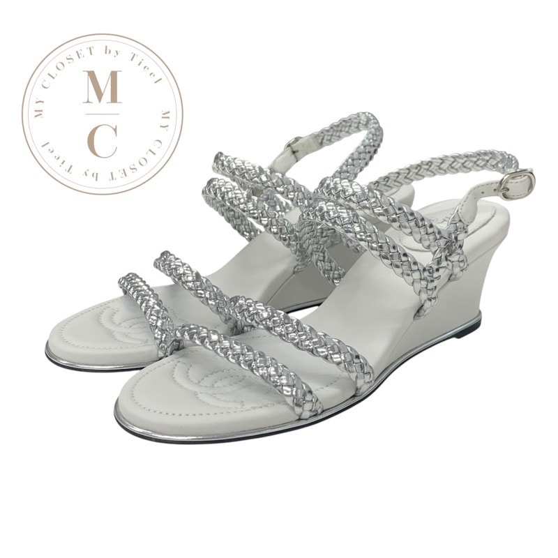 シャネル CHANEL サンダル 靴 シューズ レザー シルバー ホワイト ストラップ 編み込み ウェッジソール