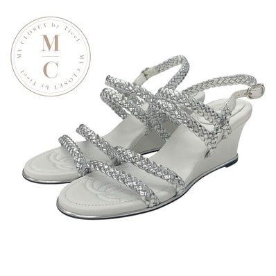 シャネル CHANEL サンダル 靴 シューズ レザー シルバー ホワイト ストラップ 編み込み ウェッジソール