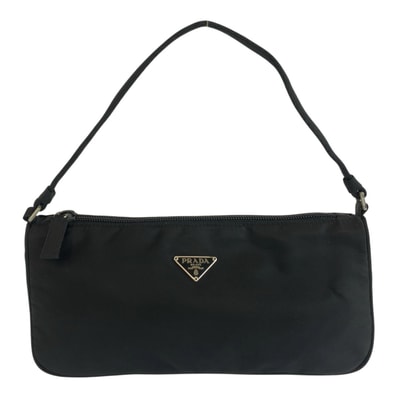 美品 PRADA プラダ テスート 三角ロゴプレート ブラック 黒 シルバー金具 ナイロン ハンドバッグ アクセサリーポーチ 604589 【中古】
