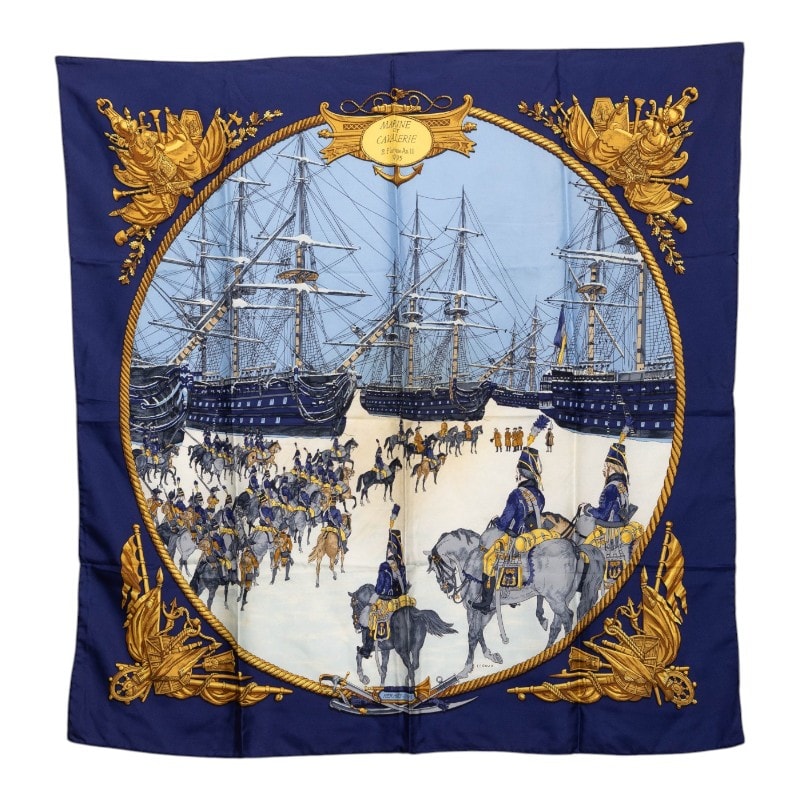 エルメス カレ90 MARINE ET CAVALERIE 海と騎兵隊 スカーフ 大判 ブルー系 シルク レディース HERMES 【中古】