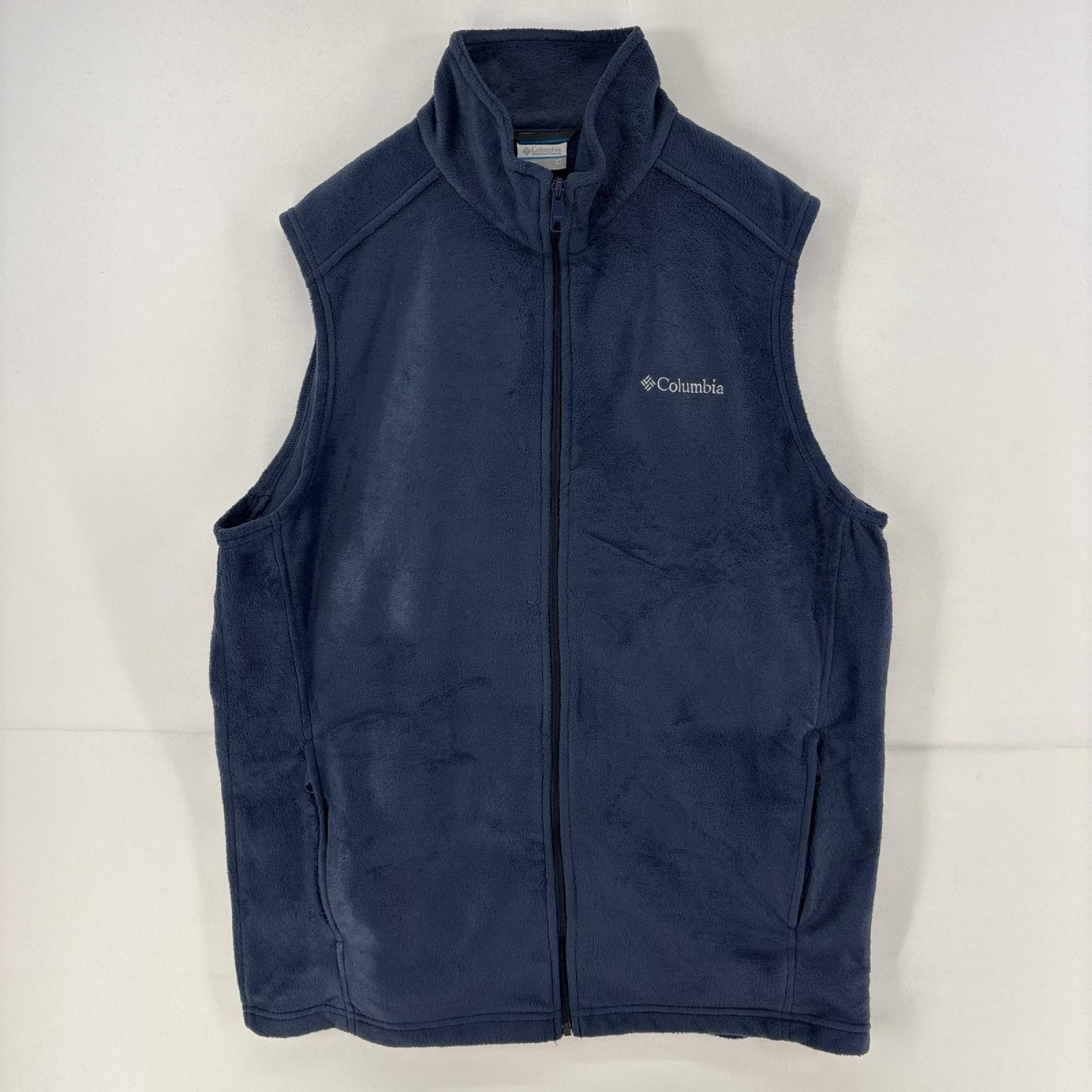 古着 コロンビア Columbia フリース ベスト ロゴ フルジップ ワンポイント L ネイビー メンズ