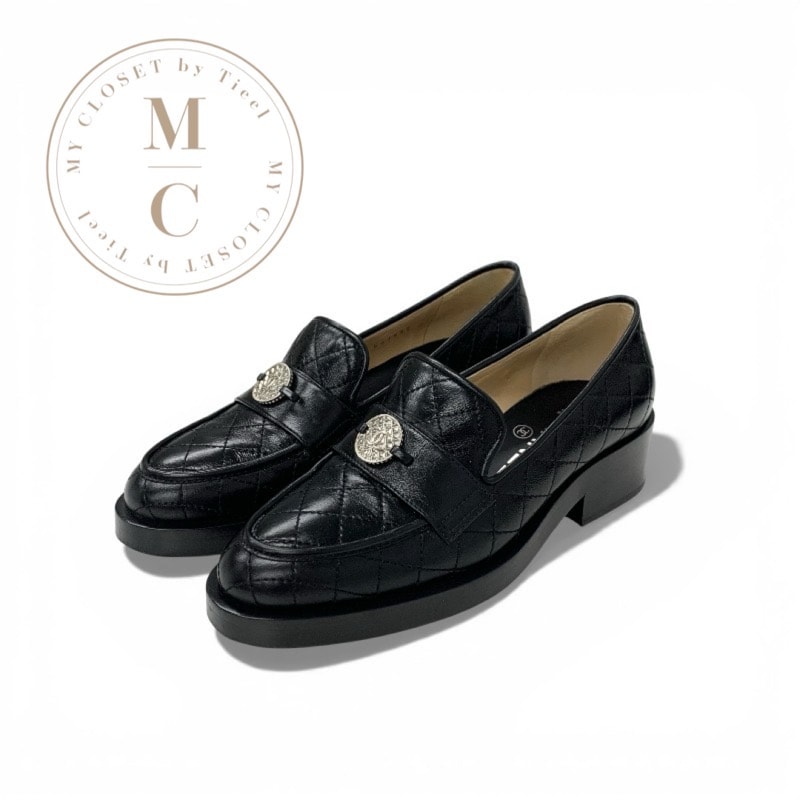 シャネル CHANEL ローファー 革靴 靴 シューズ レザー ブラック シルバー ココマーク マトラッセ コイン モチーフ