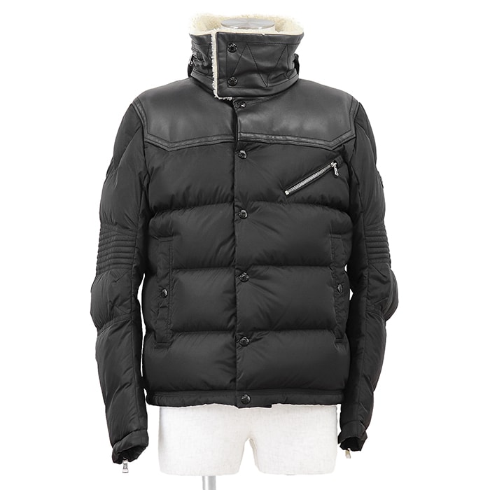 MONCLER モンクレール ダウンジャケット サイズ 2 メンズ LEO レオ 2023年モデル ボアカラー レザー コンビネーション ロゴパッチ 2WAY フード収納 アウター ブラック 黒 ルーマニア製
