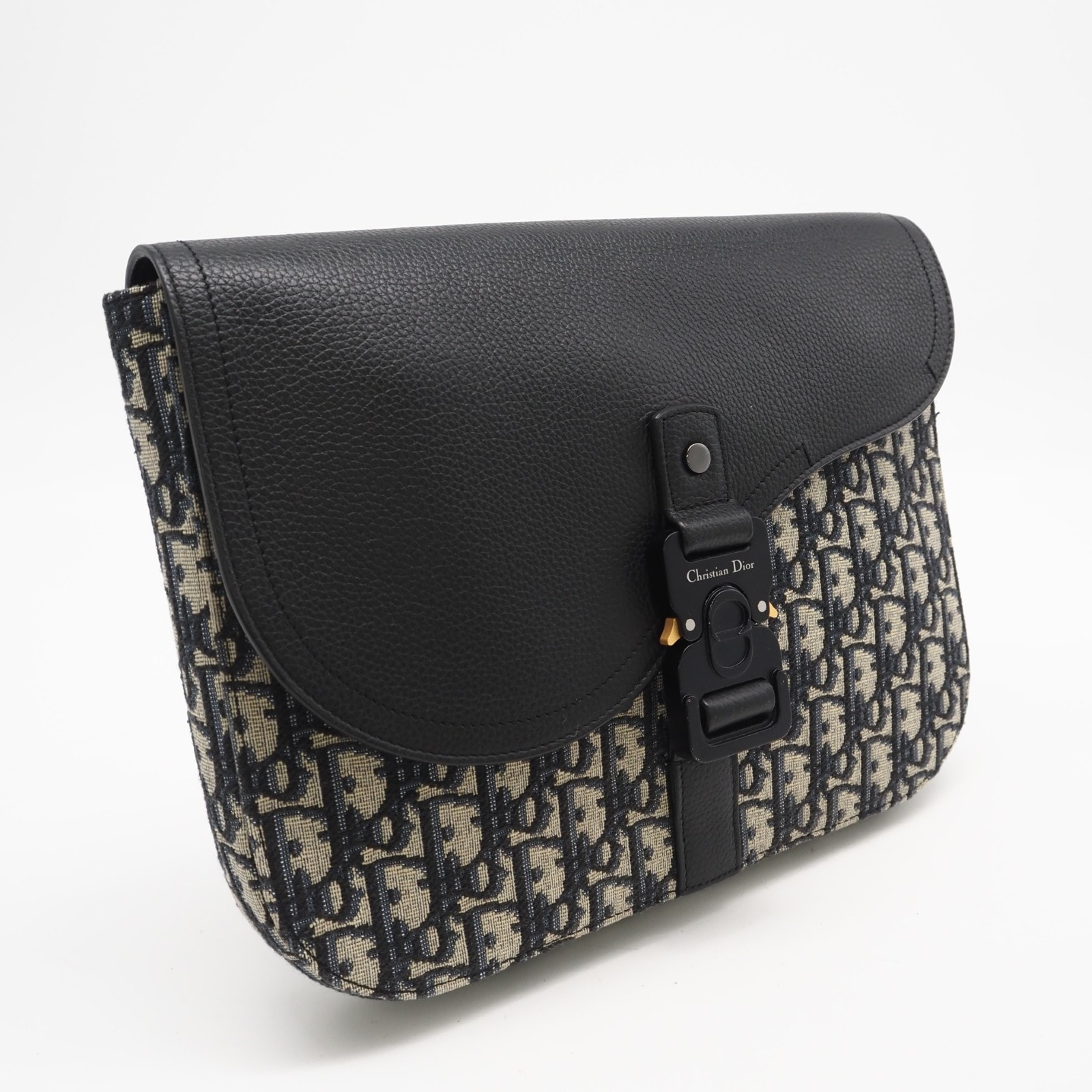 美品 Christian Dior クリスチャンディオール ディオール オブリーク ジャカード グレインドカーフスキン Saddle A5 ポーチ 2ADCA442YKS クラッチバッグ グレー ブラック キャンバス グレインカーフレザー レディース