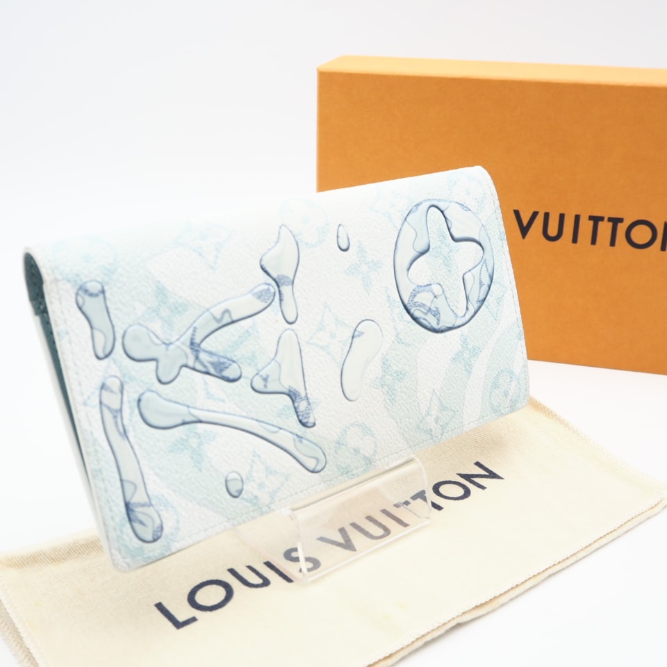 美品 LOUIS VUITTON ルイ・ヴィトン アクアガーデン ポルトフォイユブラザ M82306 長財布 ブルー ホワイト レザー コーティングキャンバス メンズ