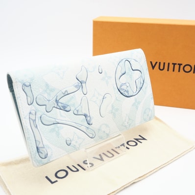 美品 LOUIS VUITTON ルイ・ヴィトン アクアガーデン ポルトフォイユブラザ M82306 長財布 ブルー ホワイト レザー コーティングキャンバス メンズ