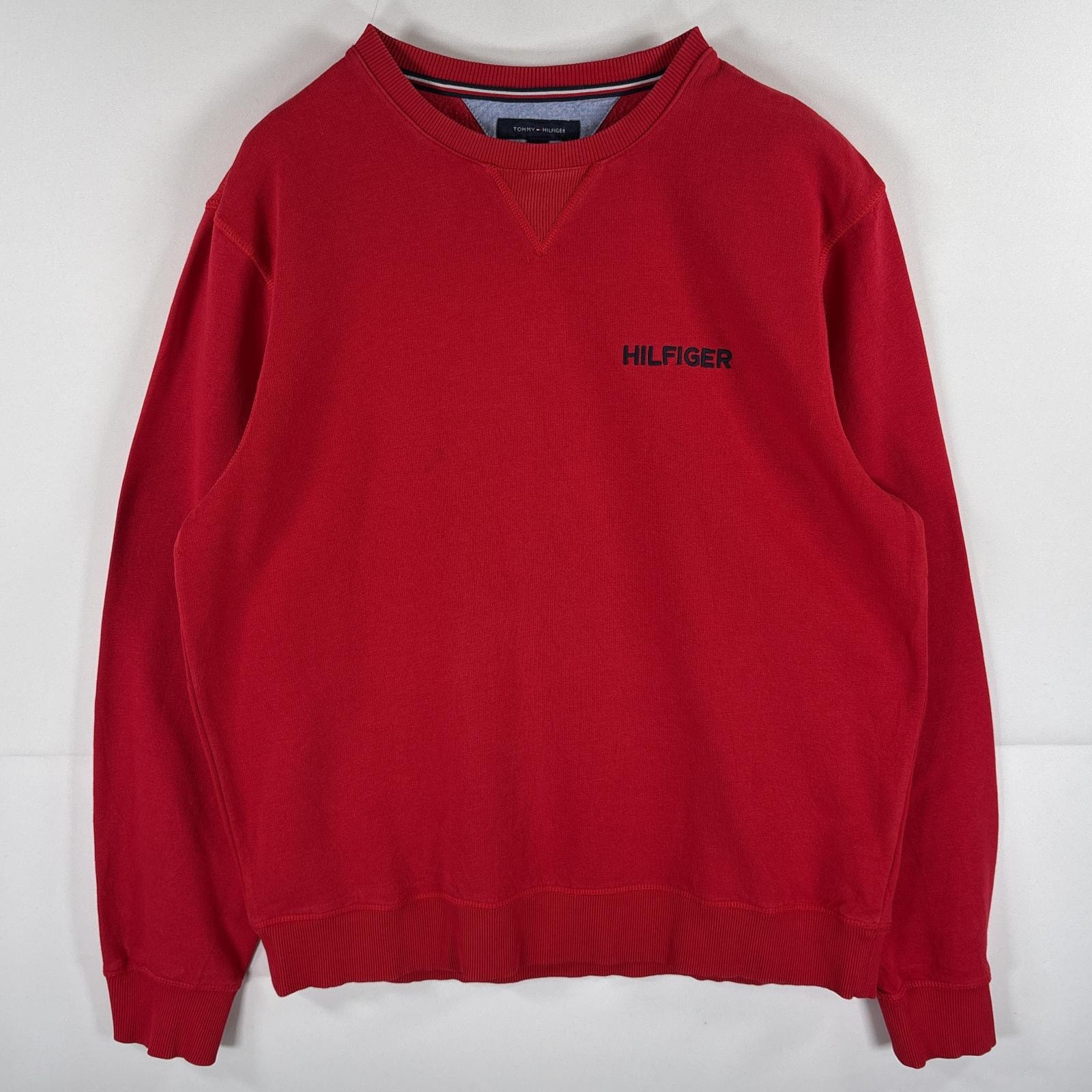 古着 トミーヒルフィガー TOMMY HILFIGER スウェット トレーナー クルーネック ワンポイントロゴ刺繍 前V 大きいサイズ XL  レッド メンズ