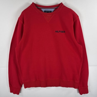 古着 トミーヒルフィガー TOMMY HILFIGER スウェット トレーナー クルーネック ワンポイントロゴ刺繍 前V 大きいサイズ XL レッド メンズ
