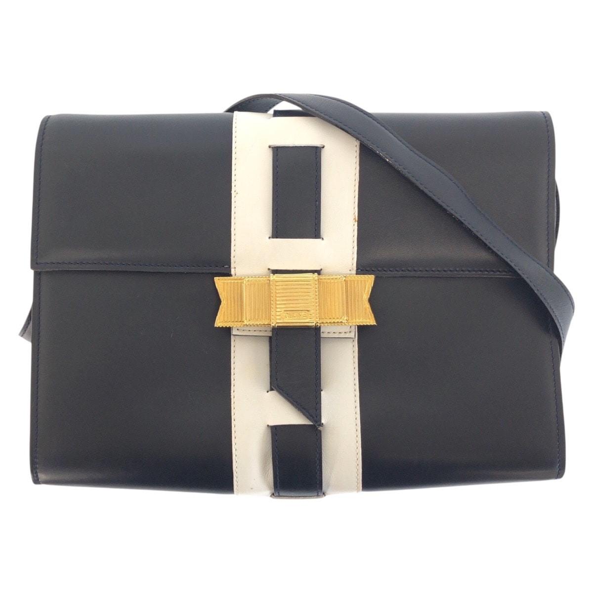美品 CELINE セリーヌ ヴィンテージ ロゴ リボン金具 ネイビー ホワイト ゴールド金具 レザー ショルダーバッグ ポシェット 602515 【中古】