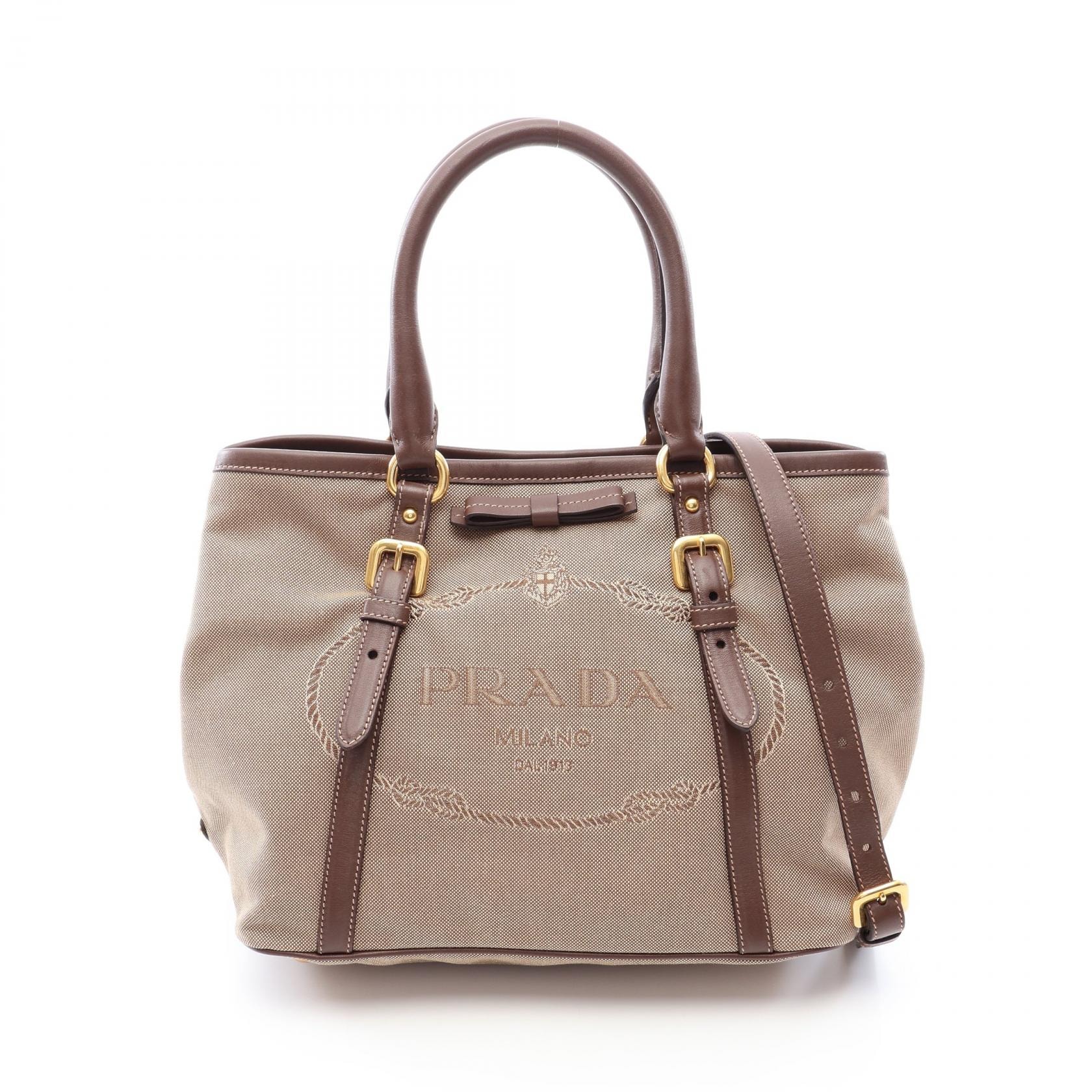 プラダ PRADA LOGO JACQUARD ロゴジャガード 2WAY トートバッグ バッグ キャンバス レザー レディース ベージュ系 / ブラウン系 【中古】
