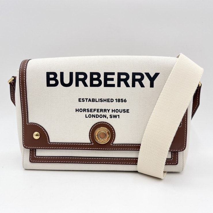 BURBERRY(バーバリー)ホースフェリープリント ノート クロスボディバッグ ショルダーバッグ キャンバス ベージュ系 レザー切替 ゴールド金具 レディース【中古】