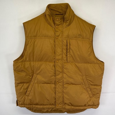 古着 ティンバーランド Timberland ベスト ダウンベスト ワンポイントロゴ刺繍 フルジップ スナップボタン XL ベージュ系 メンズ