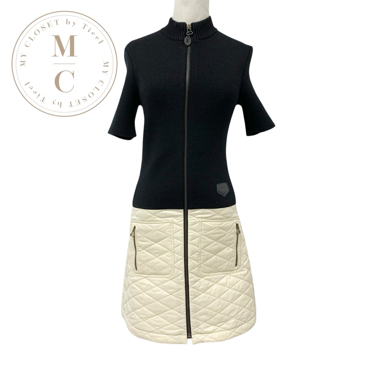 ルイヴィトン LOUIS VUITTON ワンピース ブラック アイボリー キルティング ジップアップ ロゴ ウール