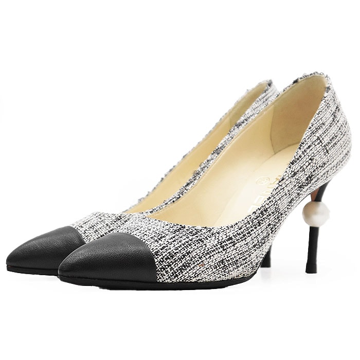 CHANEL シャネル パンプス G31983 ツイード COCOマーク ハイヒール フェイクパール ポインテッドトゥ シューズ 靴 箱・袋付属 レディース サイズ 36C モノトーン イタリア製