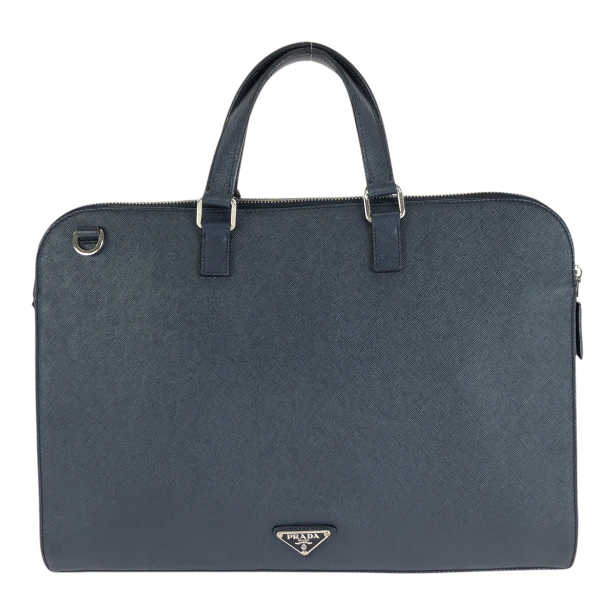 PRADA プラダ サフィアーノ 三角ロゴプレート ネイビー シルバー金具 レザー ビジネスバッグ ハンドバッグ 505192 【中古】