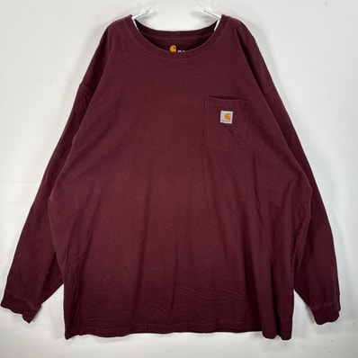 古着 カーハート Carhartt 長袖Tシャツ 大きいサイズ 肉厚 ワンポイント ロゴ 胸ポケ 4XL TALL ワインレッド 無地 メンズ