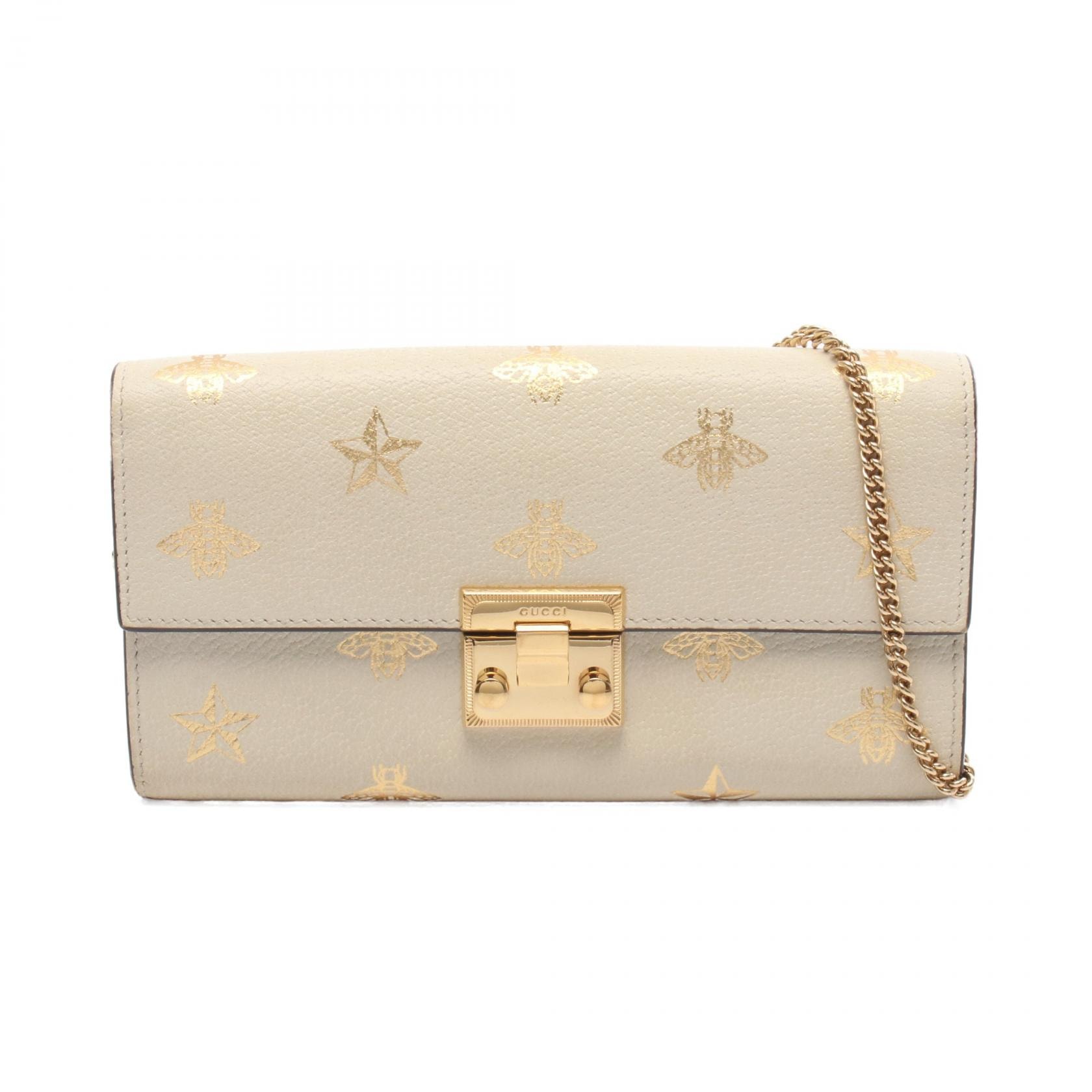 グッチ GUCCI パドロック ビー スター 二つ折り長財布 財布 レザー レディース アイボリー系 / ゴールド系 453506 【中古】