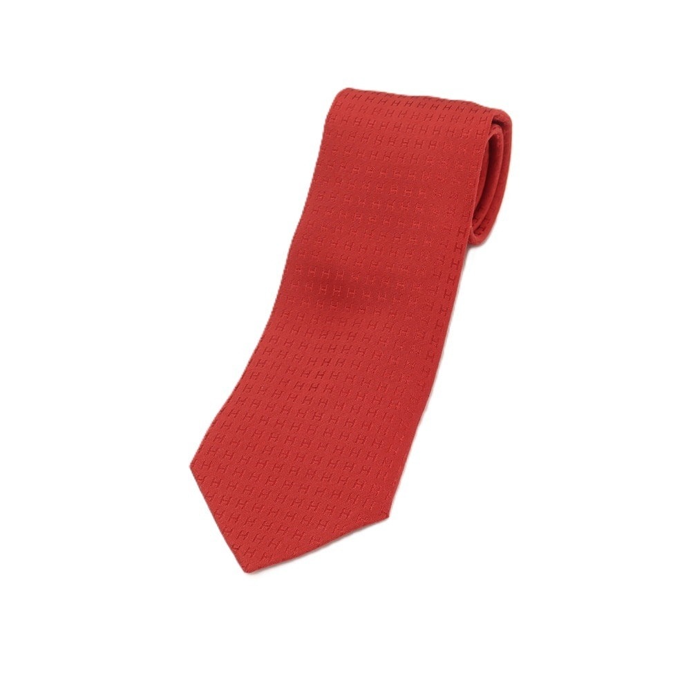 【中古】エルメス HERMES シルク ファソネH Hロゴ ジャカード ネクタイ レッド【メンズ】