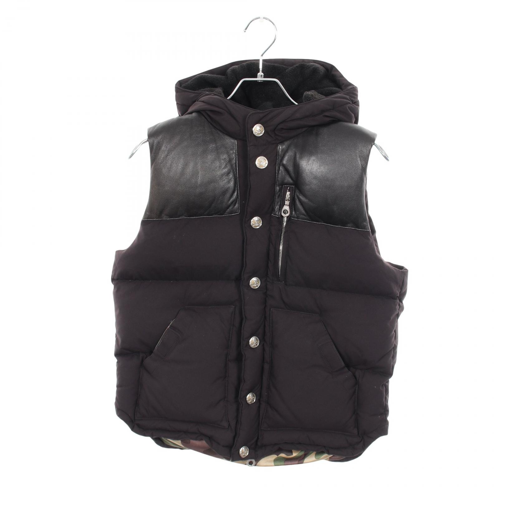 マスターマインドジャパン mastermind JAPAN 10AW evermore期 レザー切替 スカルボタン フーデッド ダウンベスト 衣料品 アウター ナイロン メンズ ブラック系 【中古】