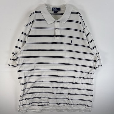 古着 90's/90年代 ポロバイラルフローレン Polo by Ralph Lauren 鹿の子 半袖 ポロシャツ ワンポイント ロゴ 刺繍 2ボタン 大きいサイズ 14041 ホワイト系 ボーダー メンズ