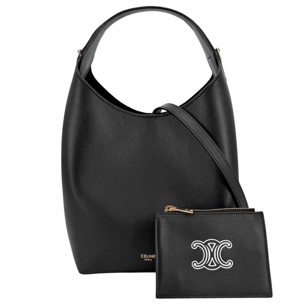 CELINE セリーヌ 2WAY スモールホーボー ハンドバッグ ショルダーバッグ 斜め掛け レザー L10133Q71.38NO カーフ    ブラック 黒 ゴールド金具 レディース 美品【中古品】