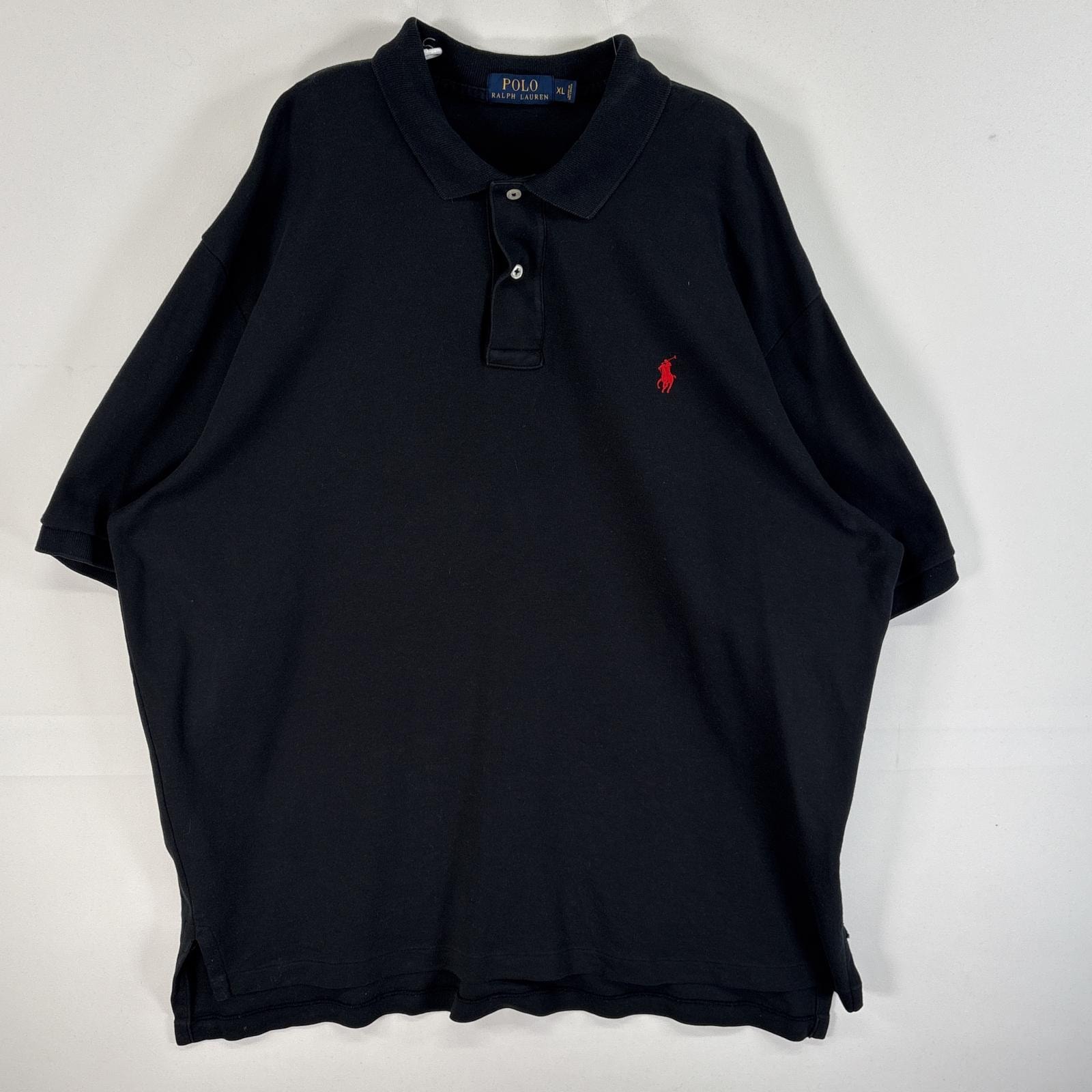古着 ポロ・ラルフローレン POLO RALPH LAUREN 半袖 ポロシャツ ロゴ 刺繍 大きいサイズ 2ボタン XL  ブラック 無地 メンズ