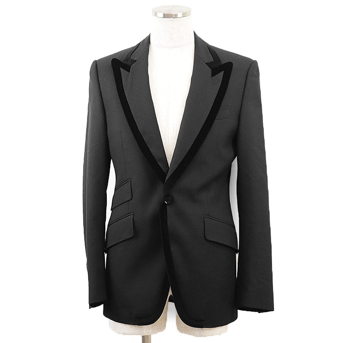 ドルチェアンドガッバーナ G2062T ベロアパイピング × ジャガード タキシード テーラード ドレス ジャケット メンズ ブラック 46 DOLCE&GABBANA