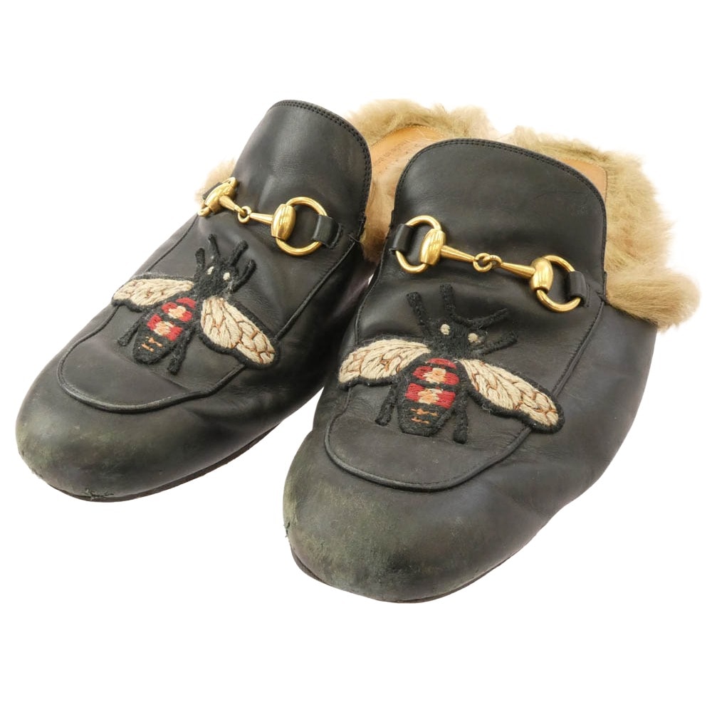 GUCCI グッチ サンダル エンブロイダリー ホースビット プリンスタウン レザー サンダル ブラック系【中古】