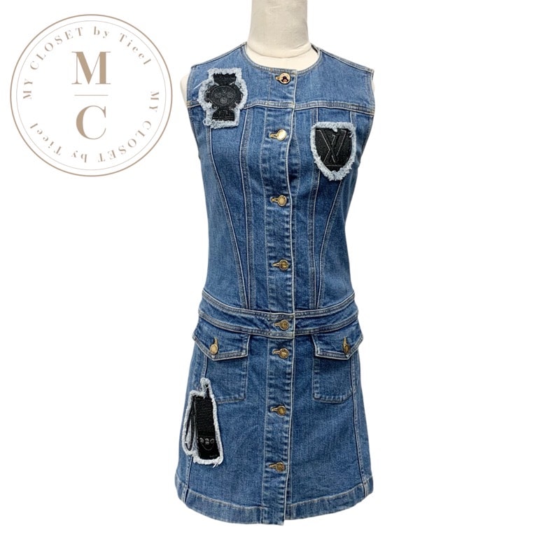 ルイヴィトン LOUIS VUITTON ワンピース ブルー ブラック ゴールド ノースリーブ デニム ワッペン