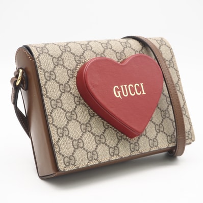 美品 GUCCI グッチ GGスプリーム バレンタイン限定 ショルダーバッグ ハート 637048 ショルダーバッグ ベージュ ブラウン レッド コーティングキャンバス レザー レディース