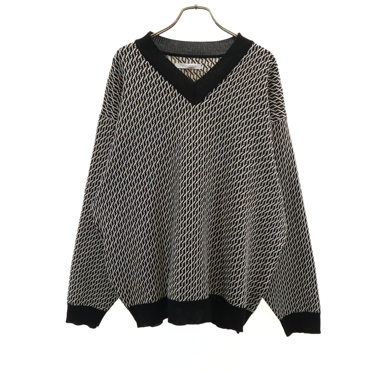 美品 JOURNAL STANDARD ジャーナルスタンダード 総柄 長袖 Vネック セーター M ブラック ニット