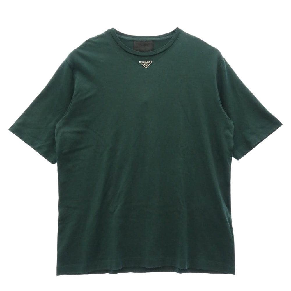 PRADA プラダ Tシャツ ujn861 三角ロゴプレート トライアングルロゴ オーバーサイズ クルーネック 半袖 Tシャツ カットソー グリーン系 XL【美品】【中古】