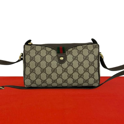 GUCCI グッチ シェリーライン GG 柄 ロゴ 金具 レザー PVC ショルダーバッグ ブラウン
506-1
