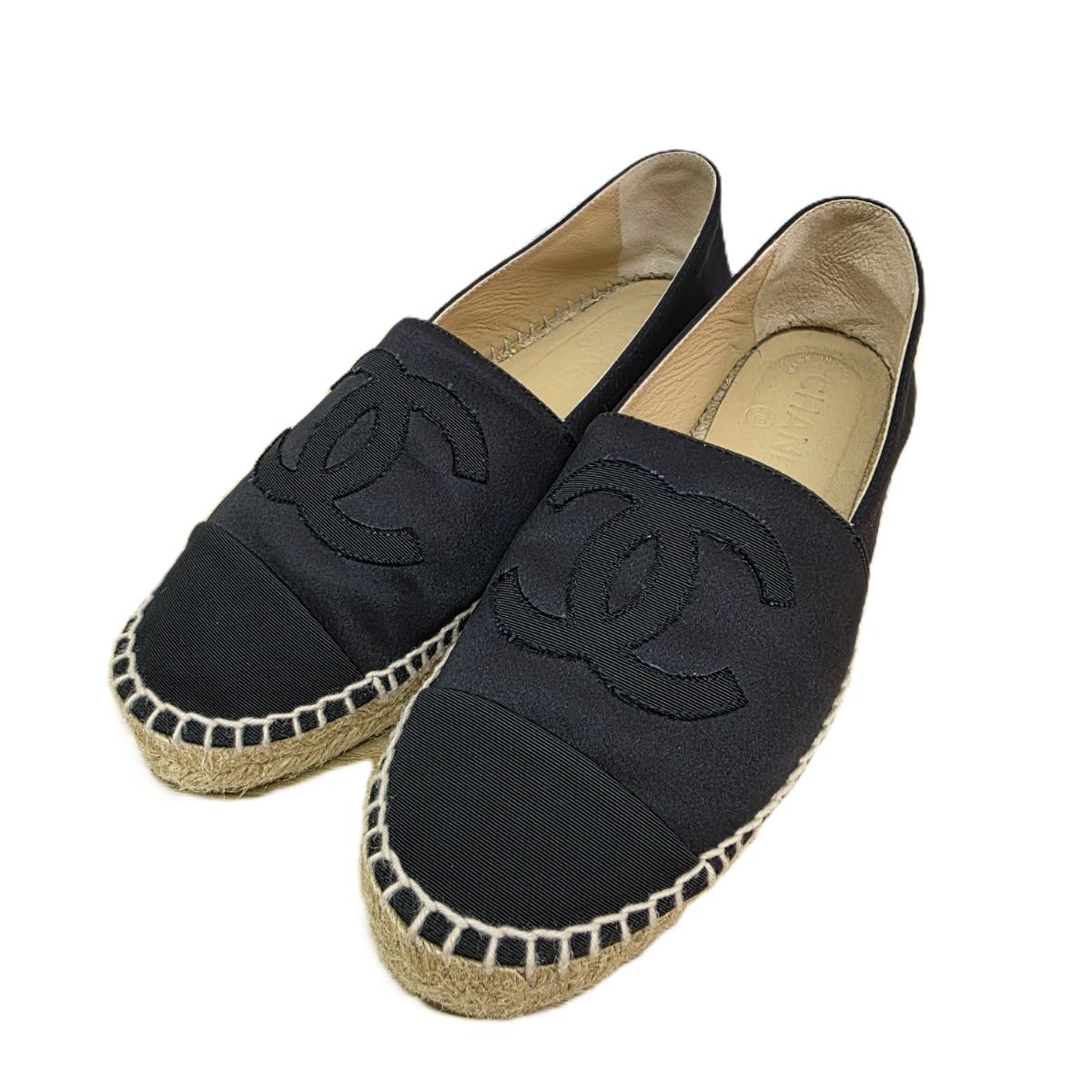 【値下げ】CHANEL シャネル ココマーク サテン生地 エスパドリーユ 37 23.5~24cm スリッポン G29762 サテン ブラック  レディース【中古】