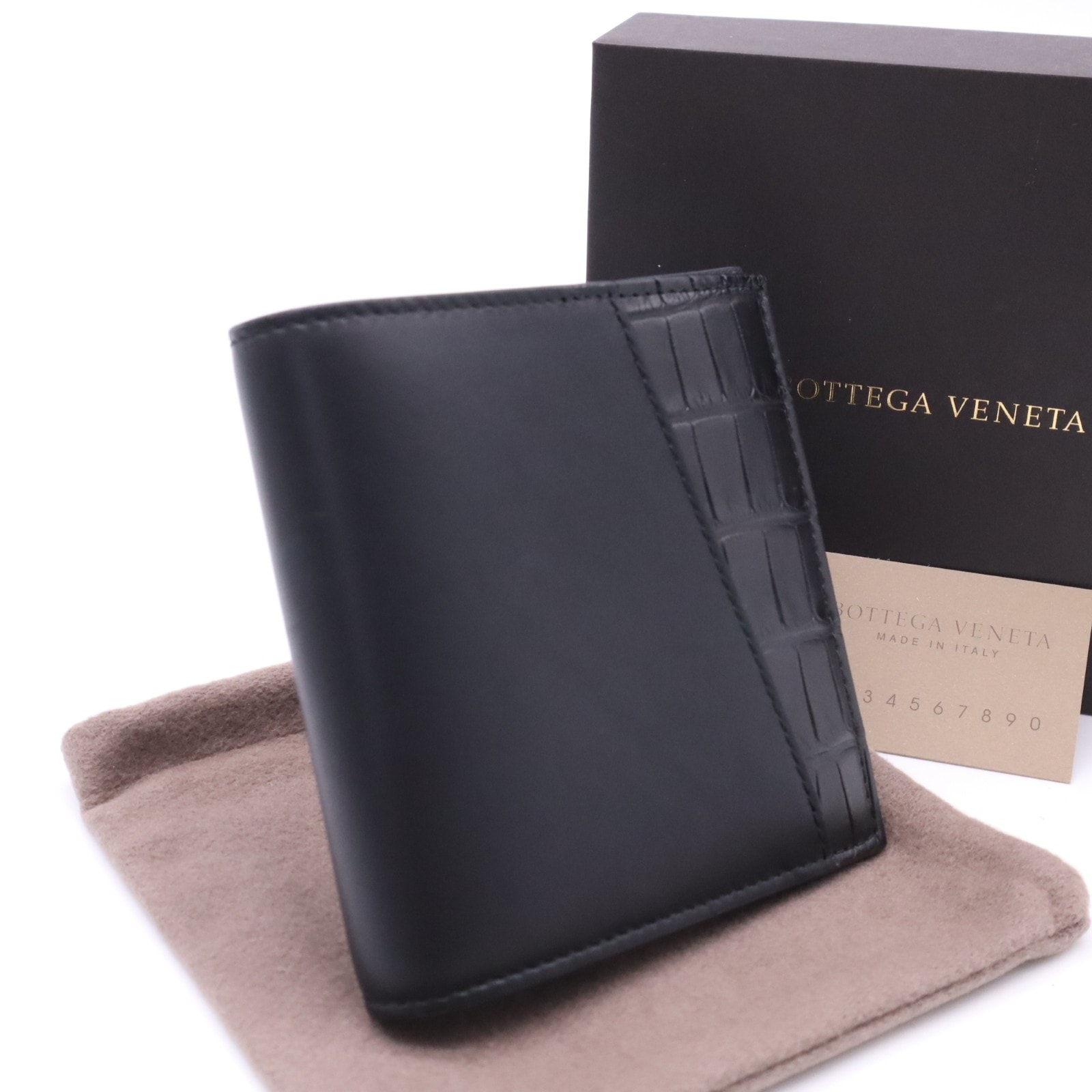 極美品 BOTTEGAVENETA ボッテガヴェネタ クロコ レザー コンパクト ウォレット 583611 二つ折り財布 ブラック カーフレザー クロコダイル メンズ