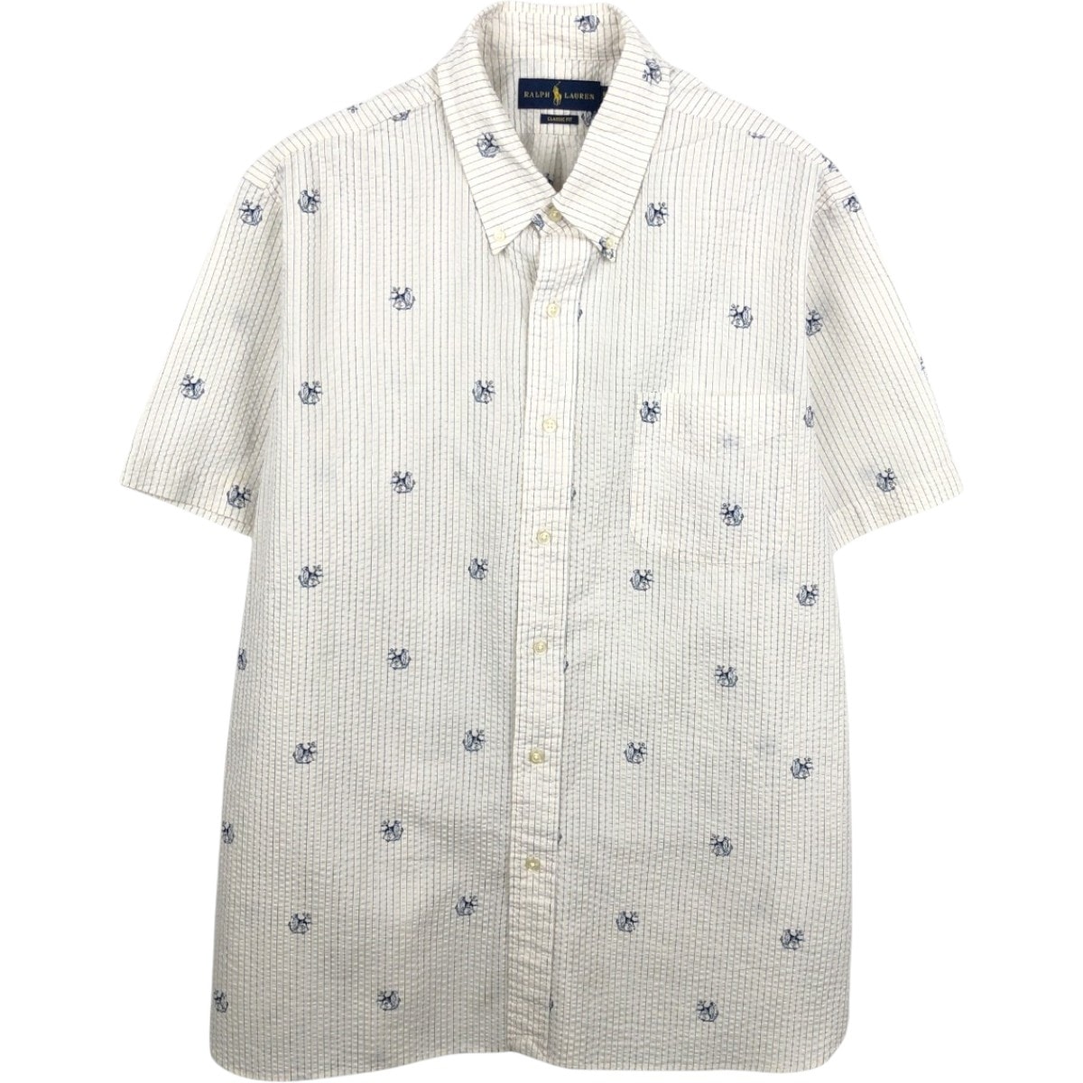 古着 ラルフローレン Ralph Lauren CLASSIC FIT クラシックフィット 総柄 シアサッカー 半袖 ボタンダウン ストライプシャツ メンズXL相当/eaa668615