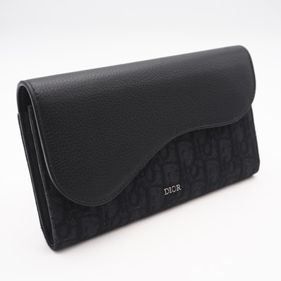 美品 Dior ディオール ディオール オブリーク ジャカード グレインドカーフスキン Saddle ロングウォレット 2ADBC321YKS 長財布 ブラック キャンバス カーフレザー メンズ