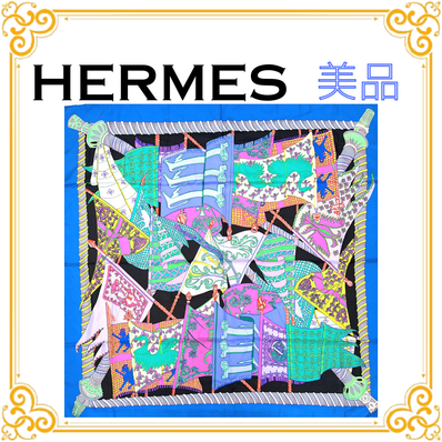 ■美品■ HERMES エルメス Etendards et Bonnieres カレ90 ボニエールの旗 レディース スカーフ ブルー シルク ストール ショール 大判