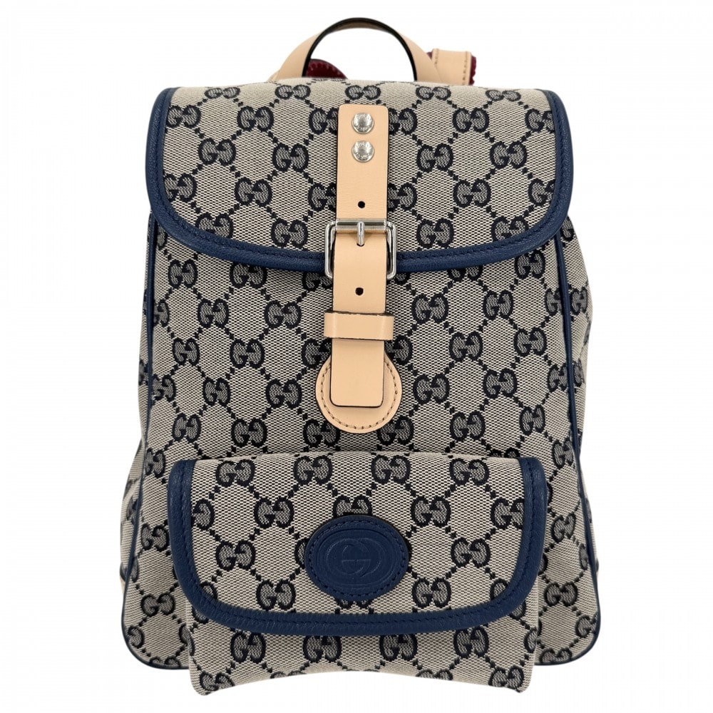 GUCCI グッチ リュック チルドレン バックパック 630818 GGキャンバス  レザー   ブラウン 茶 ネイビー 紺 シルバー金具 キッズ【中古品】